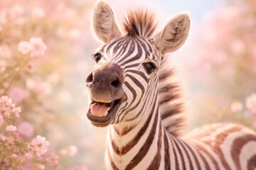 Fototapeta premium Happy zebra captured in gentle pastel tones