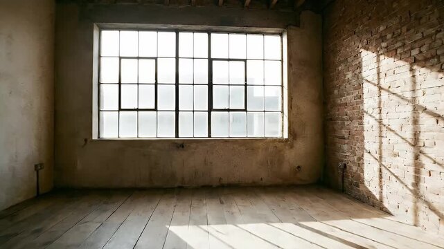 This atmospheric shot captures an empty, unfurnished room bathed in bright, natural light streaming through a large, multi-paned industrial window. Sunlight casts dramatic, long shadows across the rus