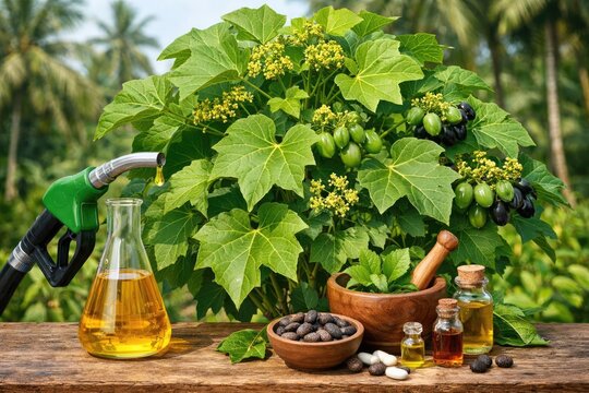 Bright green jatropha curcas shrub illustrating tropical biofuel source and medicinal value