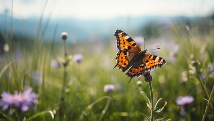 Obraz premium Ocellate bog fritillary butterfly perched on a violet flower, highlighting natural beauty and pollination, World Nature Conservation Day
