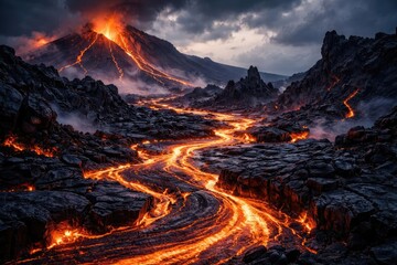 Wild volcanic zone highlighting fresh lava streams and rugged rock formations