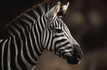 Naklejka premium Close-up portrait of a zebra's head and neck with distinct black and white stripes, standing against a warm-toned blurred natural background. Wildlife and animal detail concept.