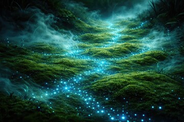 Terrestrial plant style surface in green with electric blue dotted pattern and smoke haze