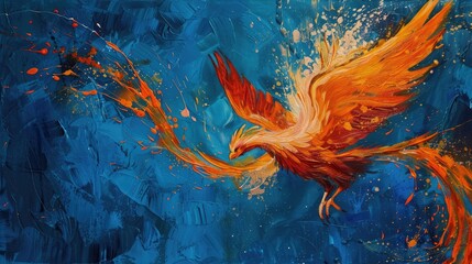 Phoenix bird on fire on a blue background. A symbol of rebirth. A firebird with burning wings and feathers.