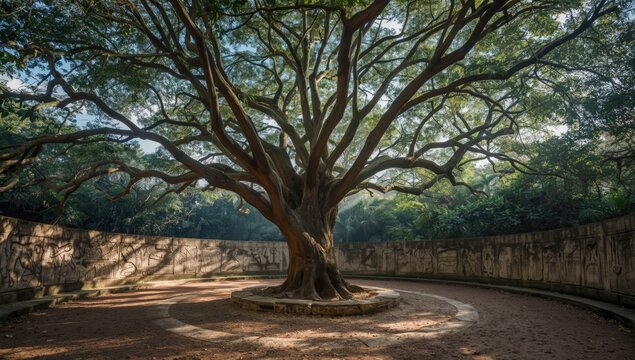 Ancient Indigenous carved stone petroglyphs surrounding a Ceiba tree in Caguana ceremonial park, heritage awareness day
