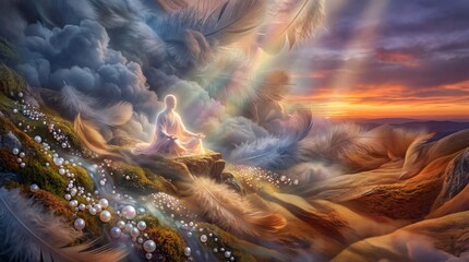 Ethereal meditation scene with a figure amidst flowing feathers, luminous pearls, clouds, and serene sunset, symbolizing spiritual peace