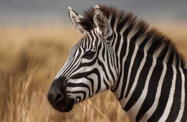 Fototapeta premium Close-up portrait of a zebra's head and neck with distinct black and white stripes, standing against a warm-toned blurred natural background. Wildlife and animal detail concept.