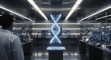 Scientist Observing Holographic DNA in a High-Tech Genetic Research Laboratory