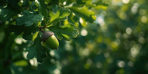 Green acorn on oak leaves in a lush garden setting, emphasizing ecosystem preservation