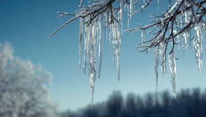 Ice formations on tree branches illuminated by sunlight against a clear blue sky, winter weather
