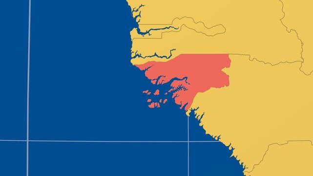 Guinea-Bissau on Globe. Animated zoom into the country in Ocean Blue Golden Yellow color palette. Guinea-Bissau logo animation. Map with meridians, parallels. Elegant video.