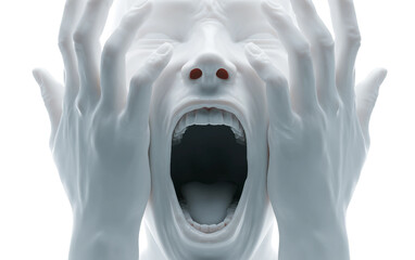 Terrified face emoji character with raised hands conveying horror surprise and intense emotion isolated on transparent background PNG