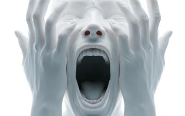 Terrified face emoji character with raised hands conveying horror surprise and intense emotion isolated on transparent background PNG
