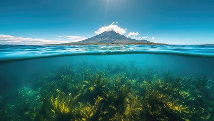 Underwater kelp beds beneath a mountain vista, illustrating ocean ecosystems and natural scenery, World Ocean Day