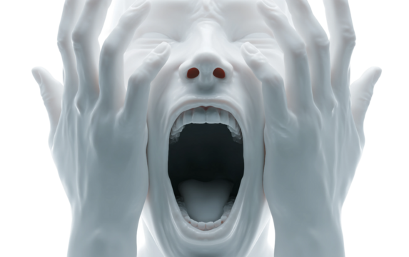 Terrified face emoji character with raised hands conveying horror surprise and intense emotion isolated on transparent background PNG - Powered by Adobe
