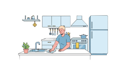 A dedicated individual meticulously cleaning and sanitizing the kitchen countertop, ensuring a spotless and hygienic cooking environment within a