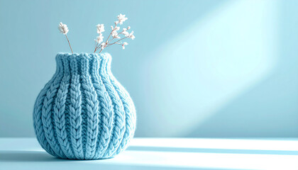 blue vase with flowers wrapped in a baby blue chunky cable-knit wool isolated bazkground
