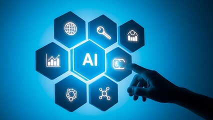 Artificial intelligence concept with glowing hexagons and hand interaction
