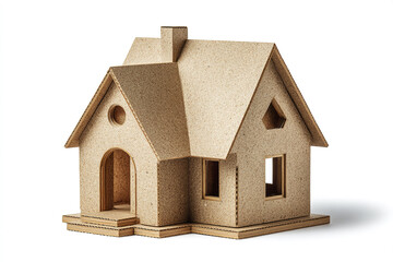 Minimal eco house model cardboard home with pitched roof and chimney, simple sustainable design concept for environmental awareness and creative architecture project