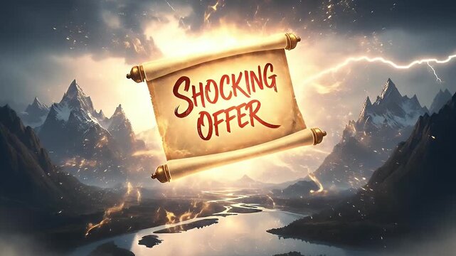 This epic, digitally-rendered scene showcases a majestic, glowing scroll bearing the bold text "SHOCKING OFFER" descending dramatically from a tumultuous, lightning-filled sky. Set against a breathtak