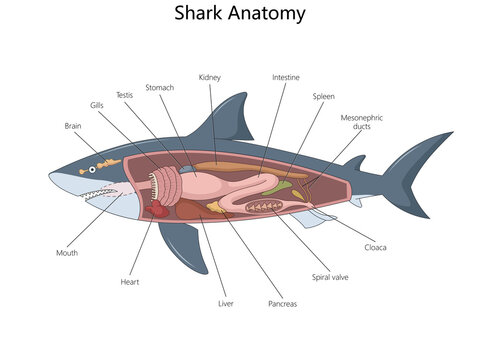 shark anatomy showing internal organs such as liver, stomach, heart, intestines, gills, brain, and reproductive structures diagram hand drawn schematic raster. Science educational illustration