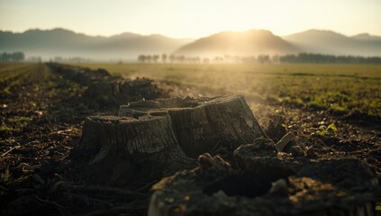 Deforested tree stumps illuminated by sunlight, highlighting ecological impact and land erosion risk