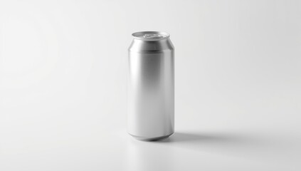 Empty beer can on white surface intended for label placement, packaging mockup, design template for beverage branding, with ample space for customization