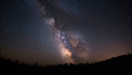 Fototapeta premium Night sky scene with Milky Way arching over forest canopy, suitable for astronomy background