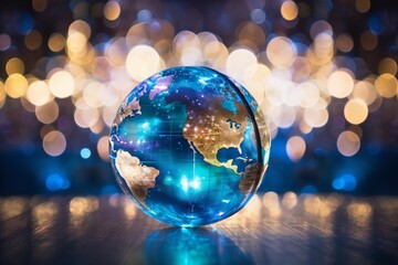 Illuminated globe presenting global connectivity and future technology with sparkling bokeh