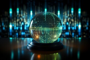 Digital crystal ball displaying data projections on a table with a glowing background