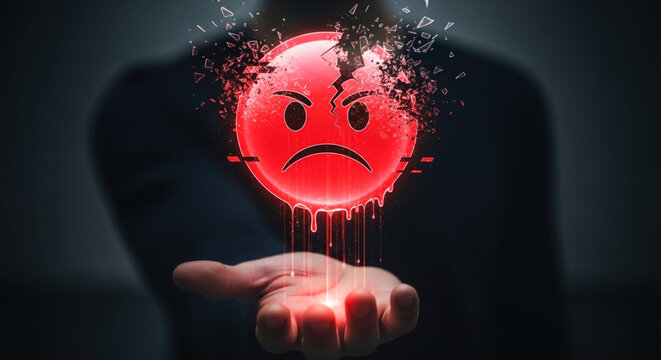 Angry emoji hologram above human palm with cracked surface and dripping light, cybersecurity threat and digital security breach in online systems - Powered by Adobe