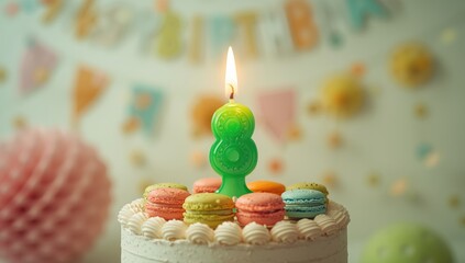 Number 8 green birthday candle used in party decorations, holiday symbolism