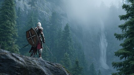Knight in armor standing on cliffside overlooking waterfall in misty forest
