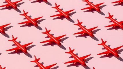 A repeating pattern of red toy airplanes arranged diagonally on a vibrant pink background, casting shadows.