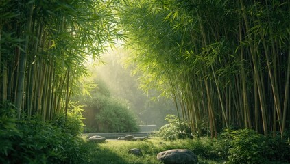 Clustering bamboo stalks in a garden, emphasizing sustainability and habitat preservation, Earth Day
