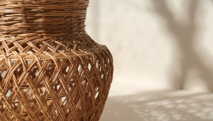Tan woven wicker basket serving as a rustic container, highlighting traditional handcraft techniques