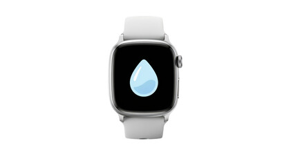 Minimalist smartwatch displaying a hydration alert icon isolated on a white background emphasizing health tracking technology.