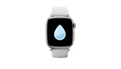 Minimalist smartwatch displaying a hydration alert icon isolated on a white background emphasizing health tracking technology.