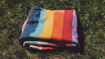 Folded textile with vibrant rainbow stripes resting on vibrant, textured green grass in sunlight