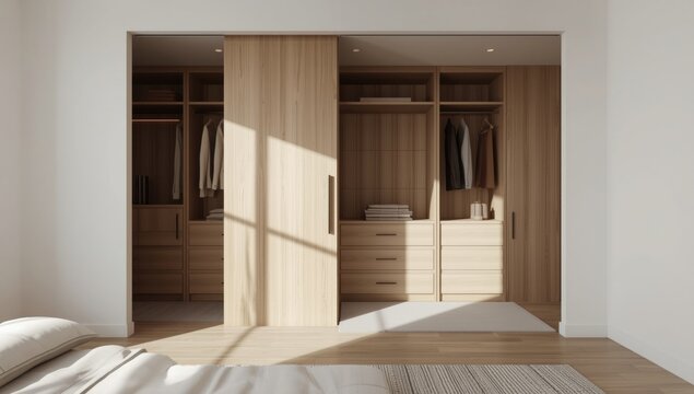 Contemporary walk-in closet with sliding doors and organized shelving, sleek design and bright lighting