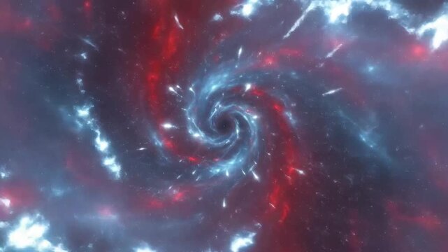 Abstract cosmic vortex with swirling clouds of blue and red energy.