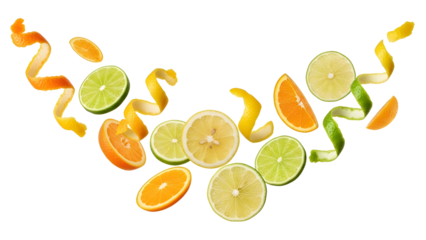 colorful citrus and orange fruits slices arranged in decorative display.
