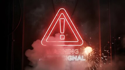 This video features a prominent neon warning sign, initially glowing a vibrant red with an exclamation mark within a triangle, accompanied by the text "WARNING ALERT SIGNAL." The scene quickly escalat