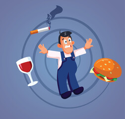 Man in a Spiral of Unhealthy Vices Vector Illustration. Guy with addiction to nicotine, fast food and alcohol 
