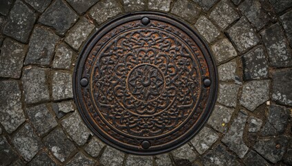 Close-up of a black cast iron sewer cover with geometric design embedded in weathered cobblestone surface, emphasizing urban infrastructure