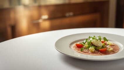 Thinly sliced veal carpaccio accompanied by cheese and greens, highlighting a nutritious meal choice in an upscale restaurant