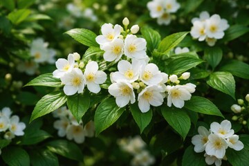 Blooming white flowers surrounded by rich green leaf canopy