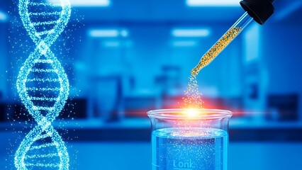 DNA helix and golden particles in lab beaker with glowing effect