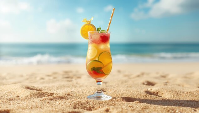Tropical drink resting on sandy surface with a soft-focus beach scene in the background, ideal for summer relaxation