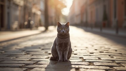 Street scene featuring a gray feline with vivid green eyes, highlighting urban animal presence